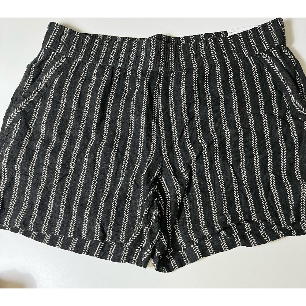 NWT Sonoma Women's Large Pull-On Shorts Linen Mid Rise Black Stripes Coastal L